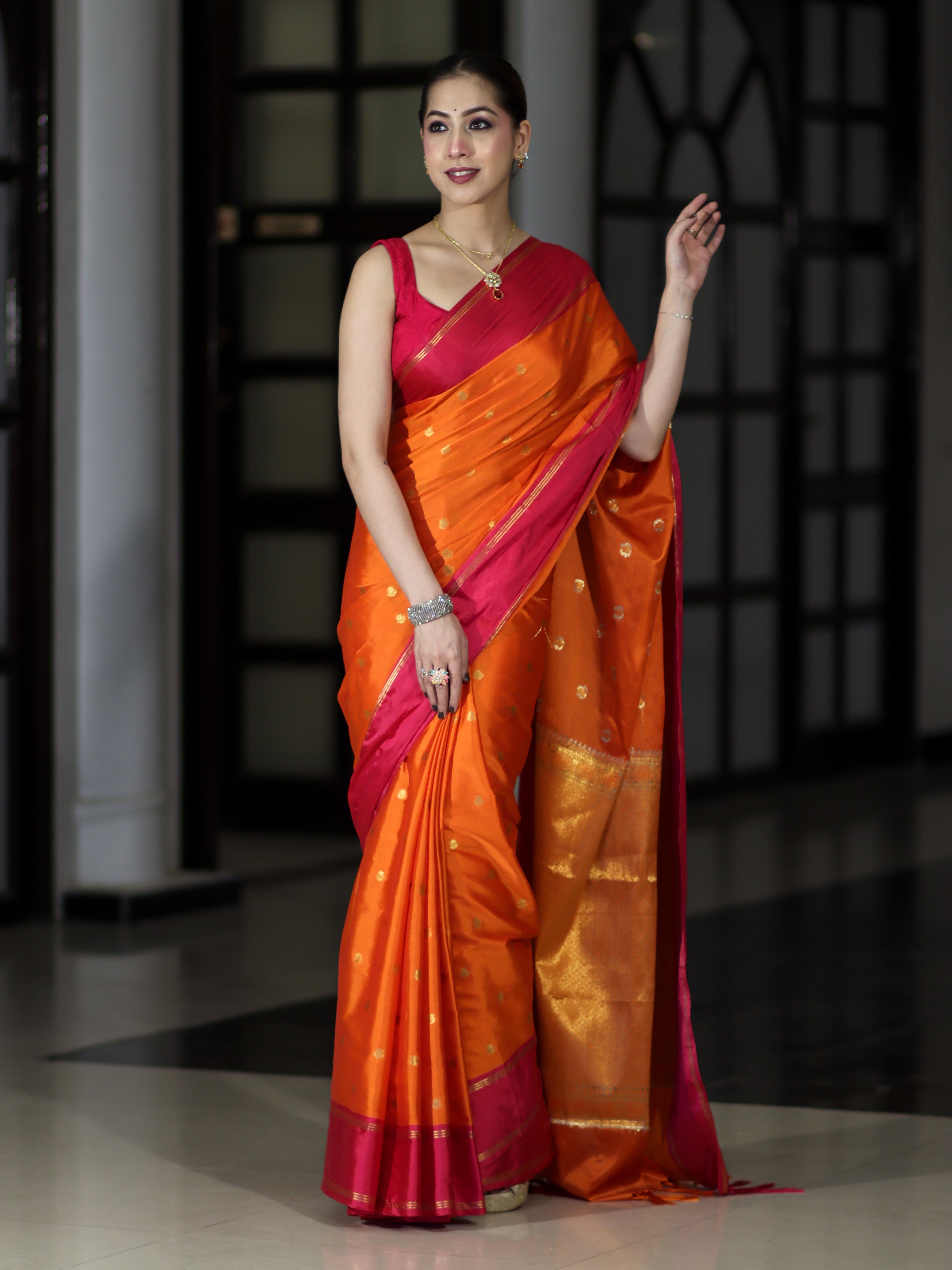 Banarasee Handloom Semi Silk Saree With Floral Buti Design & Contrast Border-Orange & Pink