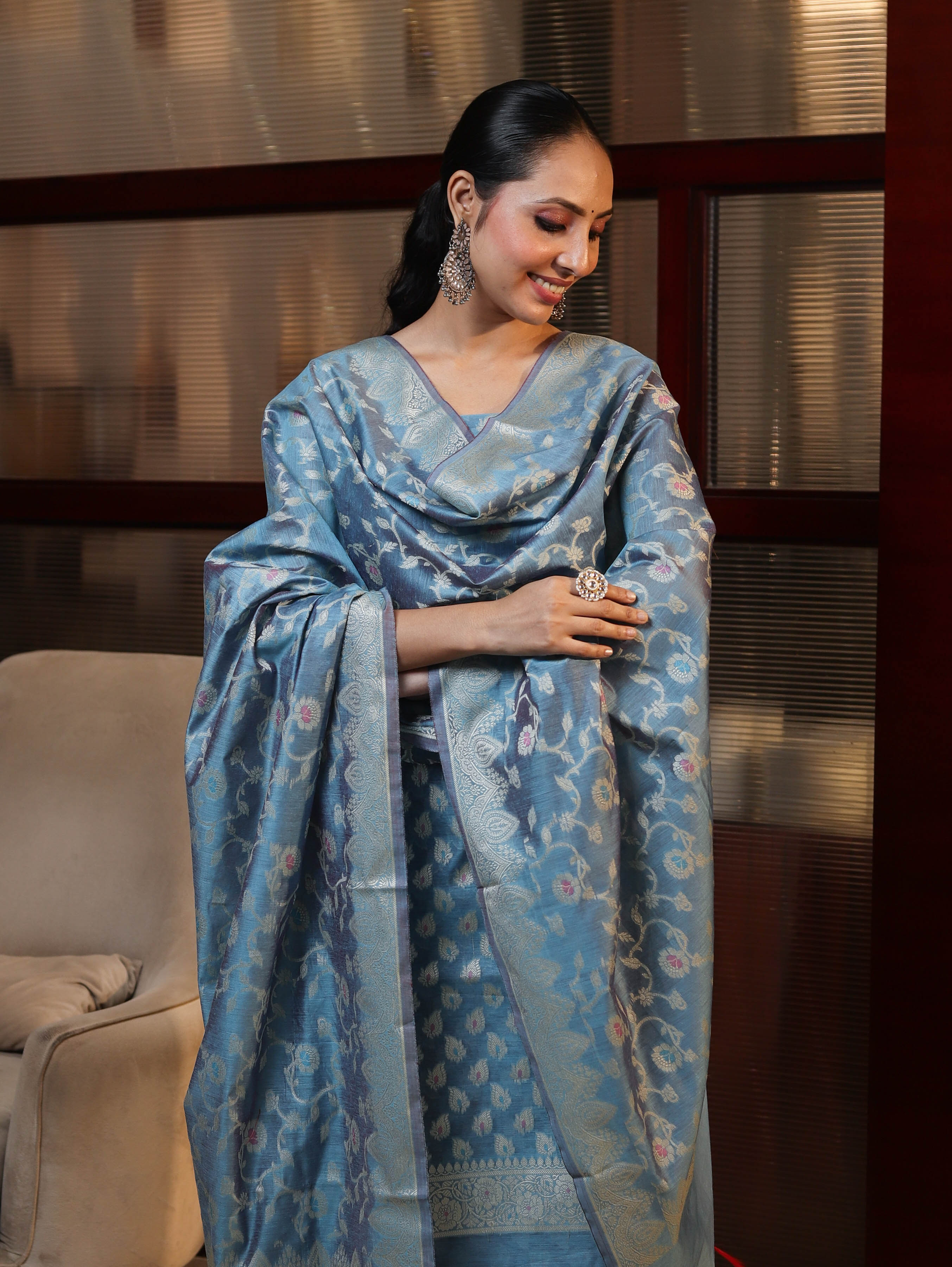 Banarasee Cotton Silk Zari Work Salwar Kameez Fabric With Dupatta Set-Light Sky Blue