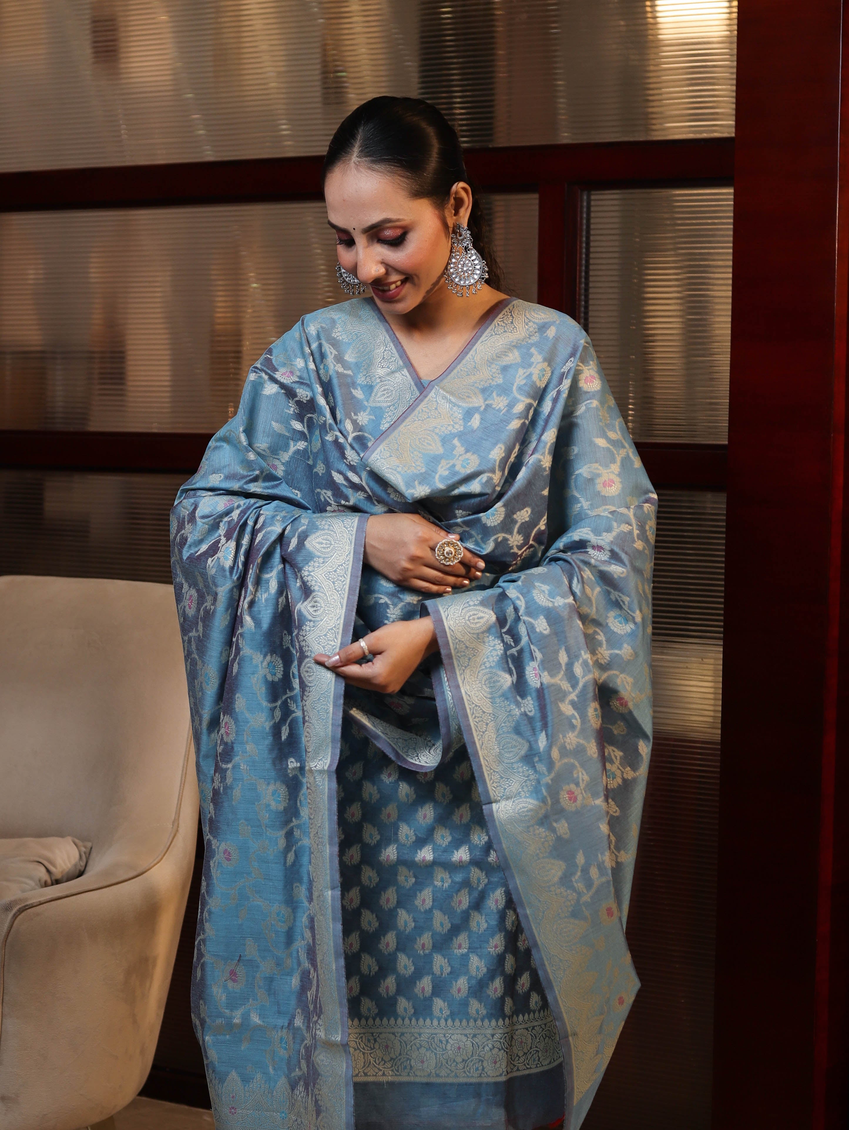 Banarasee Cotton Silk Zari Work Salwar Kameez Fabric With Dupatta Set-Light Sky Blue