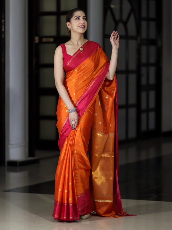 Banarasee Handloom Semi Silk Saree With Floral Buti Design & Contrast Border-Orange & Pink