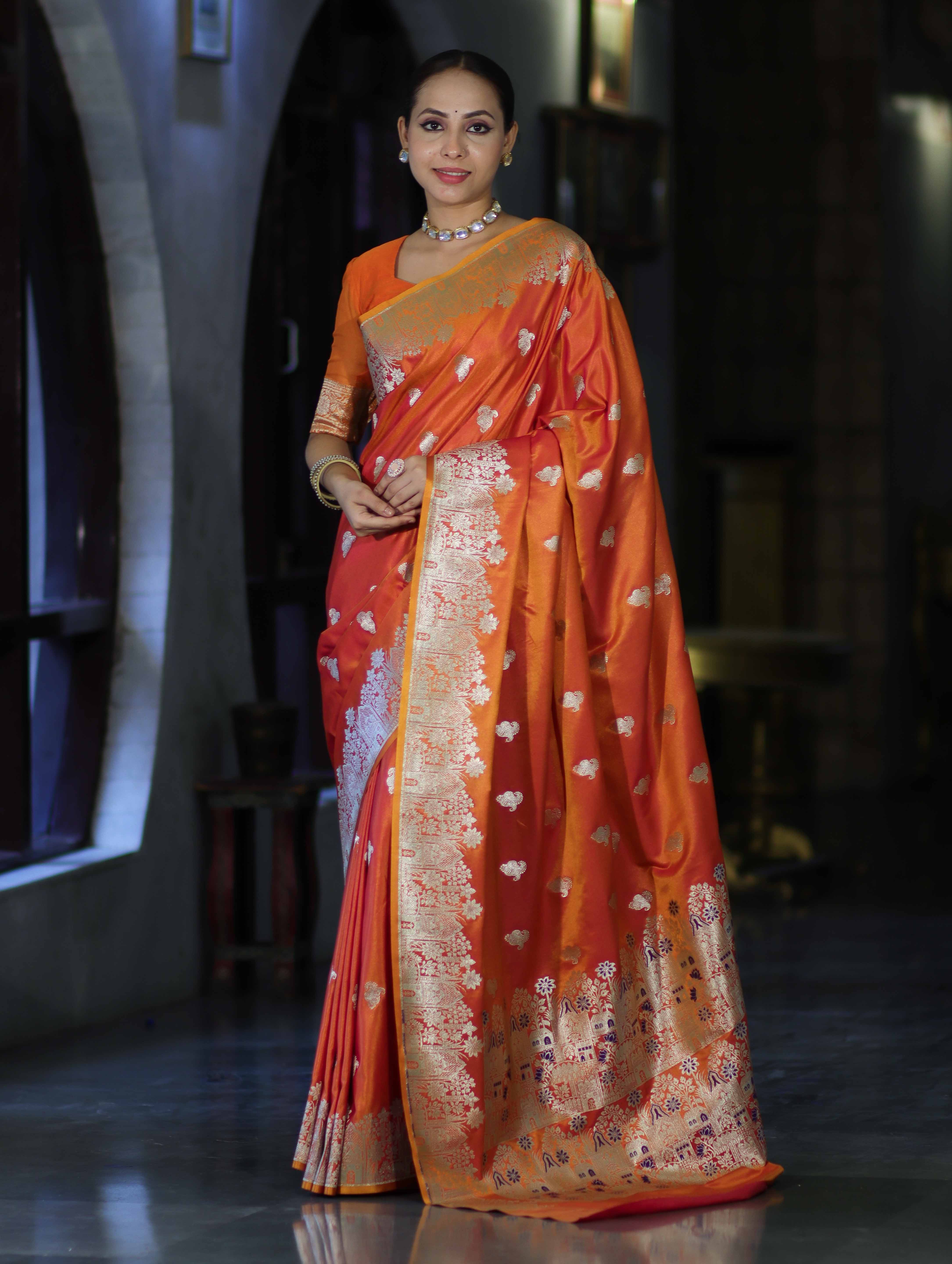 Banarasee Handloom Semi Katan Saree With Zari Work & Meenadar Pallu-Orange (Dual Tone)