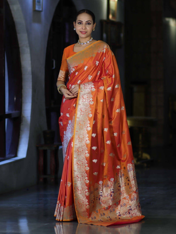 Banarasee Handloom Semi Katan Saree With Zari Work & Meenadar Pallu-Orange (Dual Tone)
