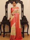 Banarasee Faux Georgette Saree With Gold Zari & Resham Jaal Work-White & Red