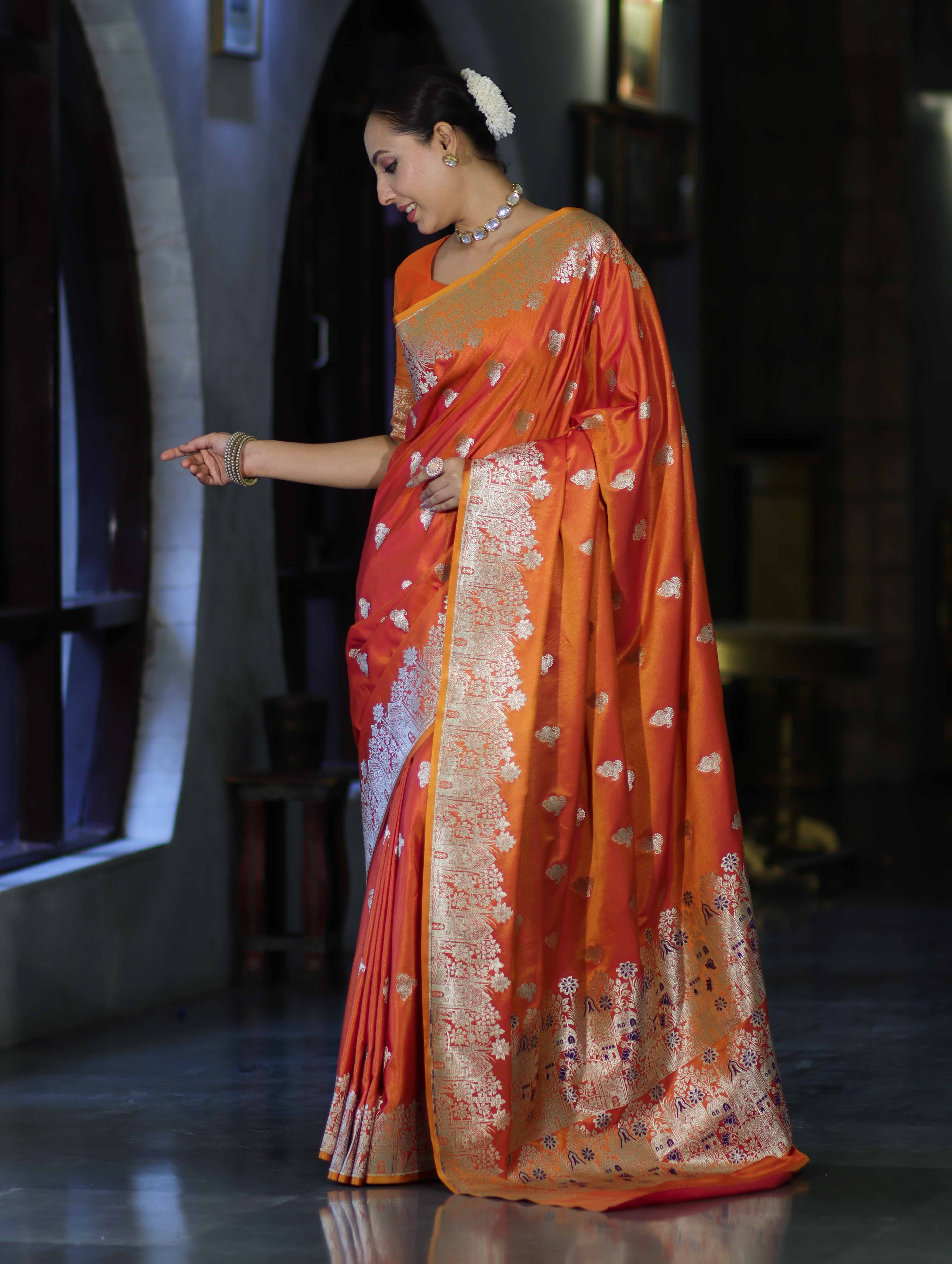 Banarasee Handloom Semi Katan Saree With Zari Work & Meenadar Pallu-Orange (Dual Tone)