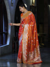 Banarasee Handloom Semi Katan Saree With Zari Work & Meenadar Pallu-Orange (Dual Tone)