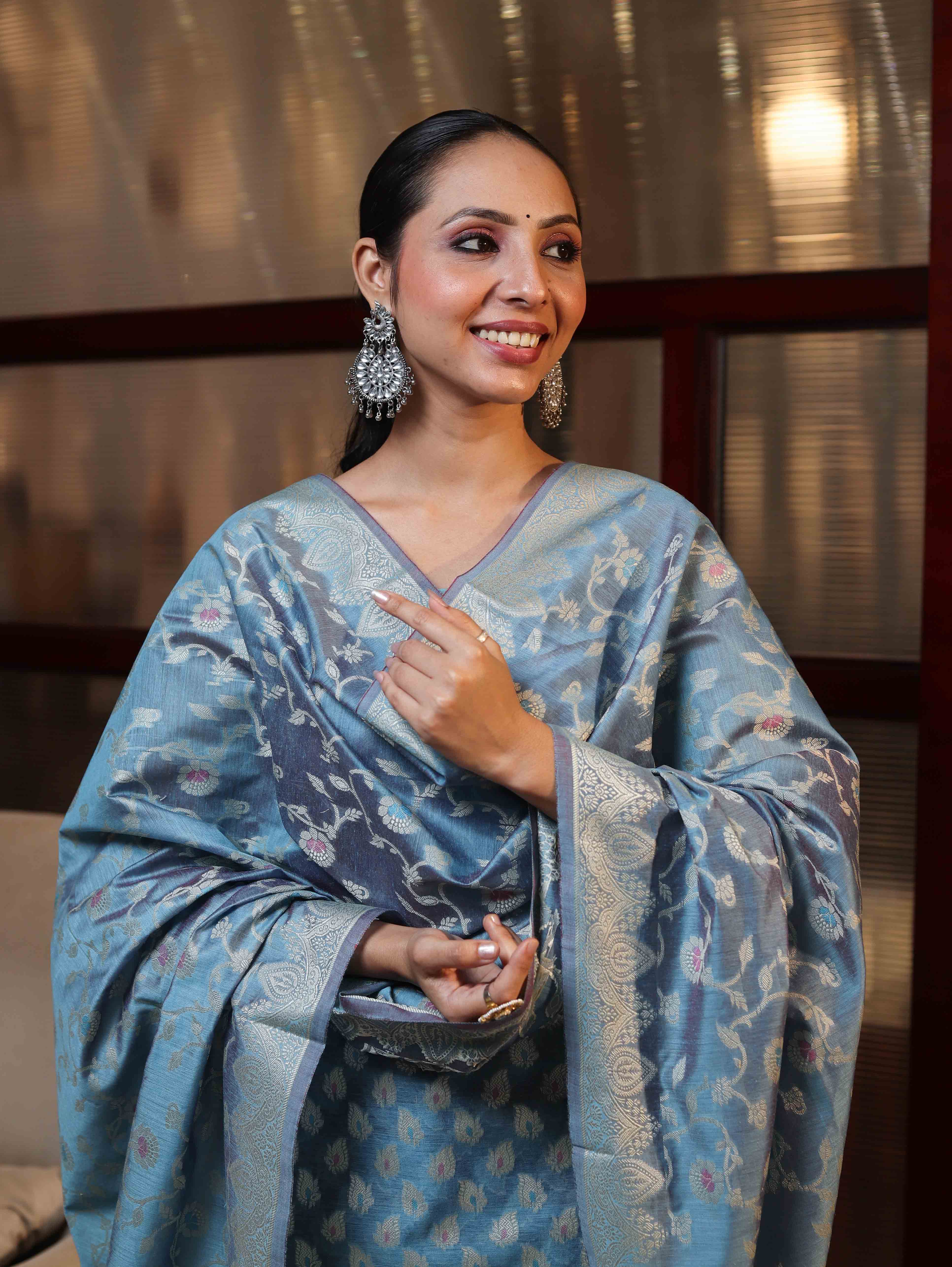 Banarasee Cotton Silk Zari Work Salwar Kameez Fabric With Dupatta Set-Light Sky Blue