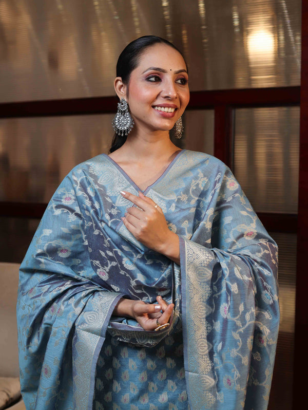 Banarasee Cotton Silk Zari Work Salwar Kameez Fabric With Dupatta Set-Light Sky Blue