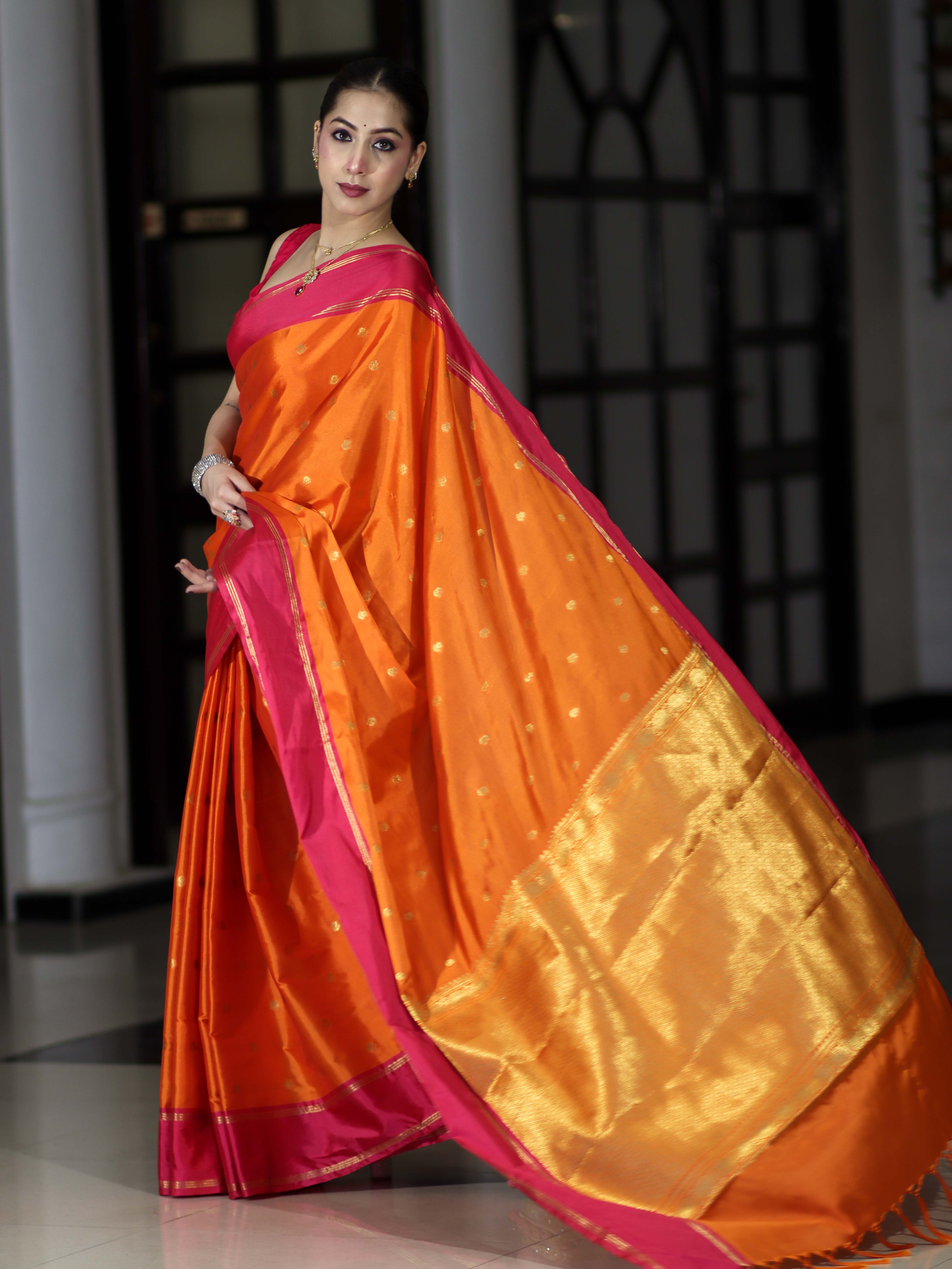 Banarasee Handloom Semi Silk Saree With Floral Buti Design & Contrast Border-Orange & Pink