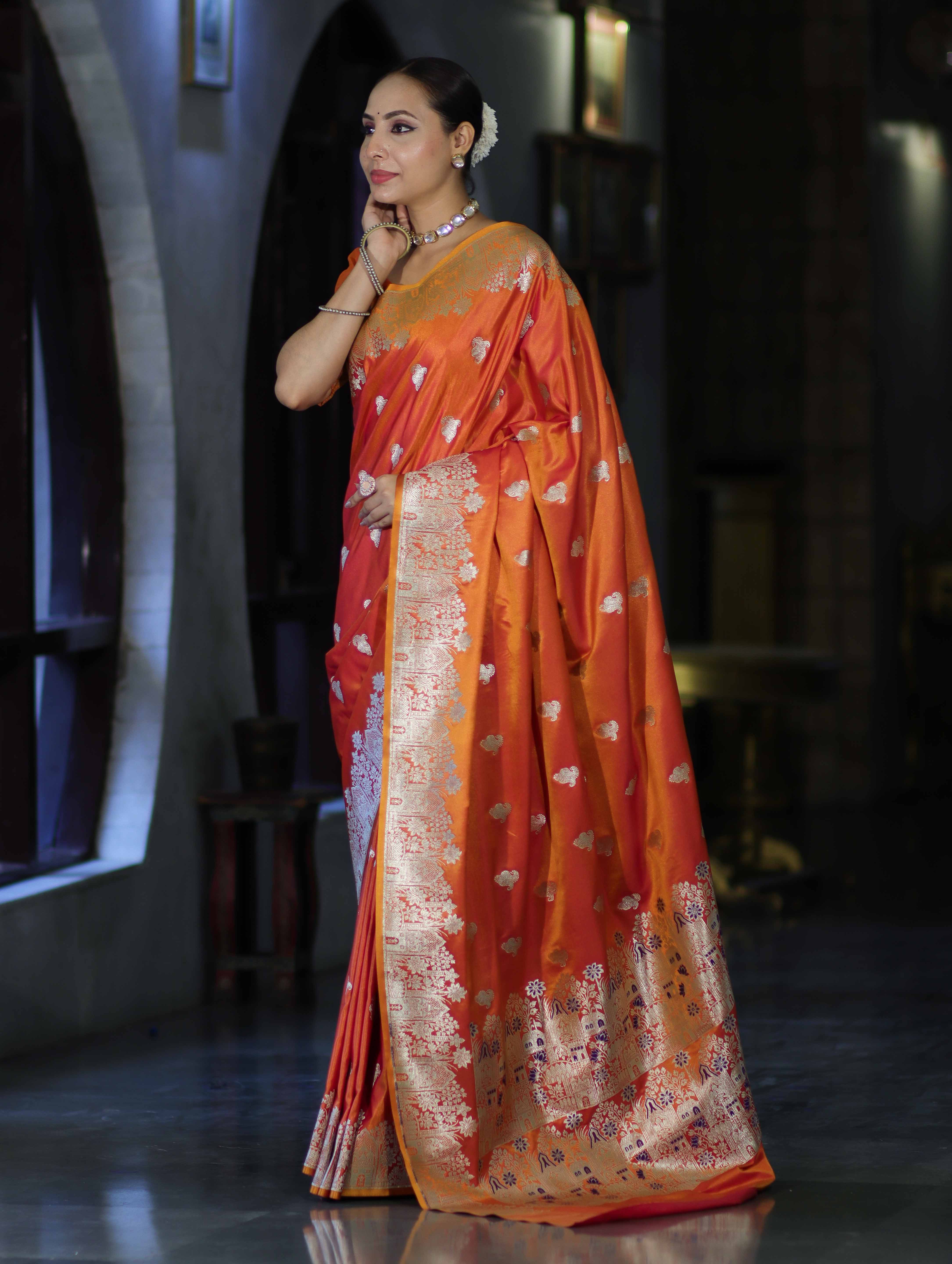 Banarasee Handloom Semi Katan Saree With Zari Work & Meenadar Pallu-Orange (Dual Tone)