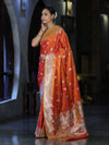 Banarasee Handloom Semi Katan Saree With Zari Work & Meenadar Pallu-Orange (Dual Tone)