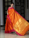 Banarasee Handloom Semi Silk Saree With Floral Buti Design & Contrast Border-Orange & Pink
