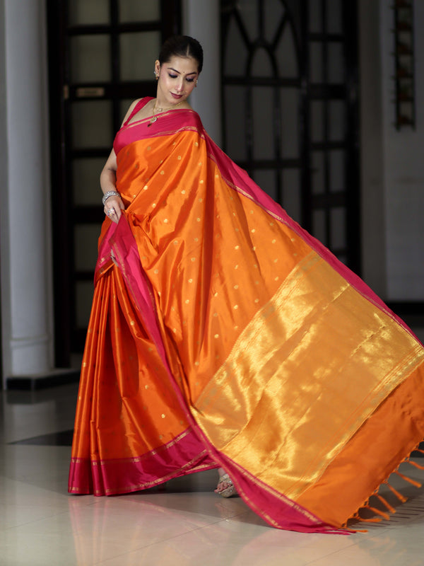 Banarasee Handloom Semi Silk Saree With Floral Buti Design & Contrast Border-Orange & Pink