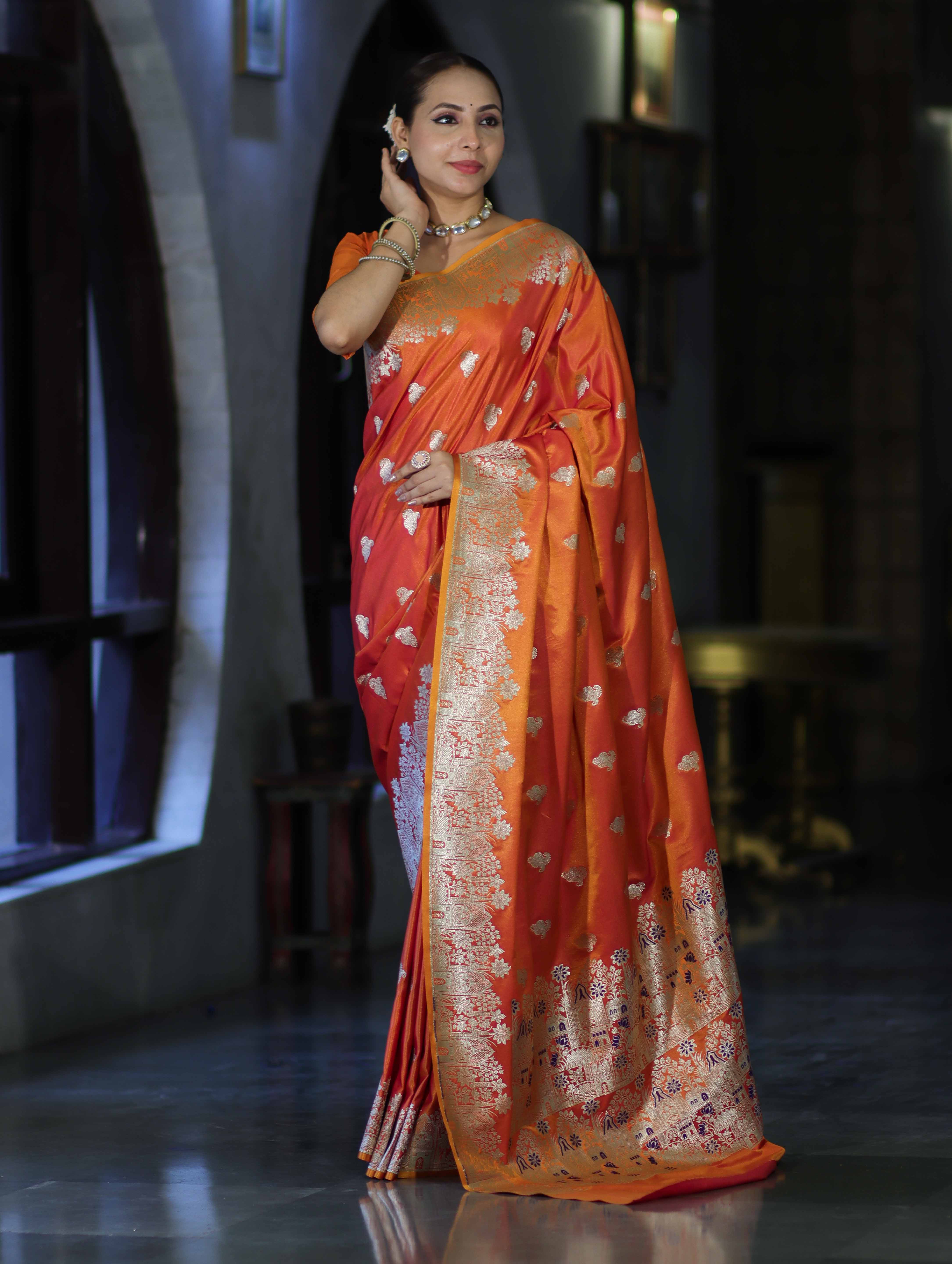 Banarasee Handloom Semi Katan Saree With Zari Work & Meenadar Pallu-Orange (Dual Tone)