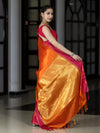Banarasee Handloom Semi Silk Saree With Floral Buti Design & Contrast Border-Orange & Pink