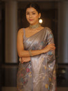 Banarasee Handwoven Semi Silk Saree With Silver Zari & Resham Jaal Design-Grey