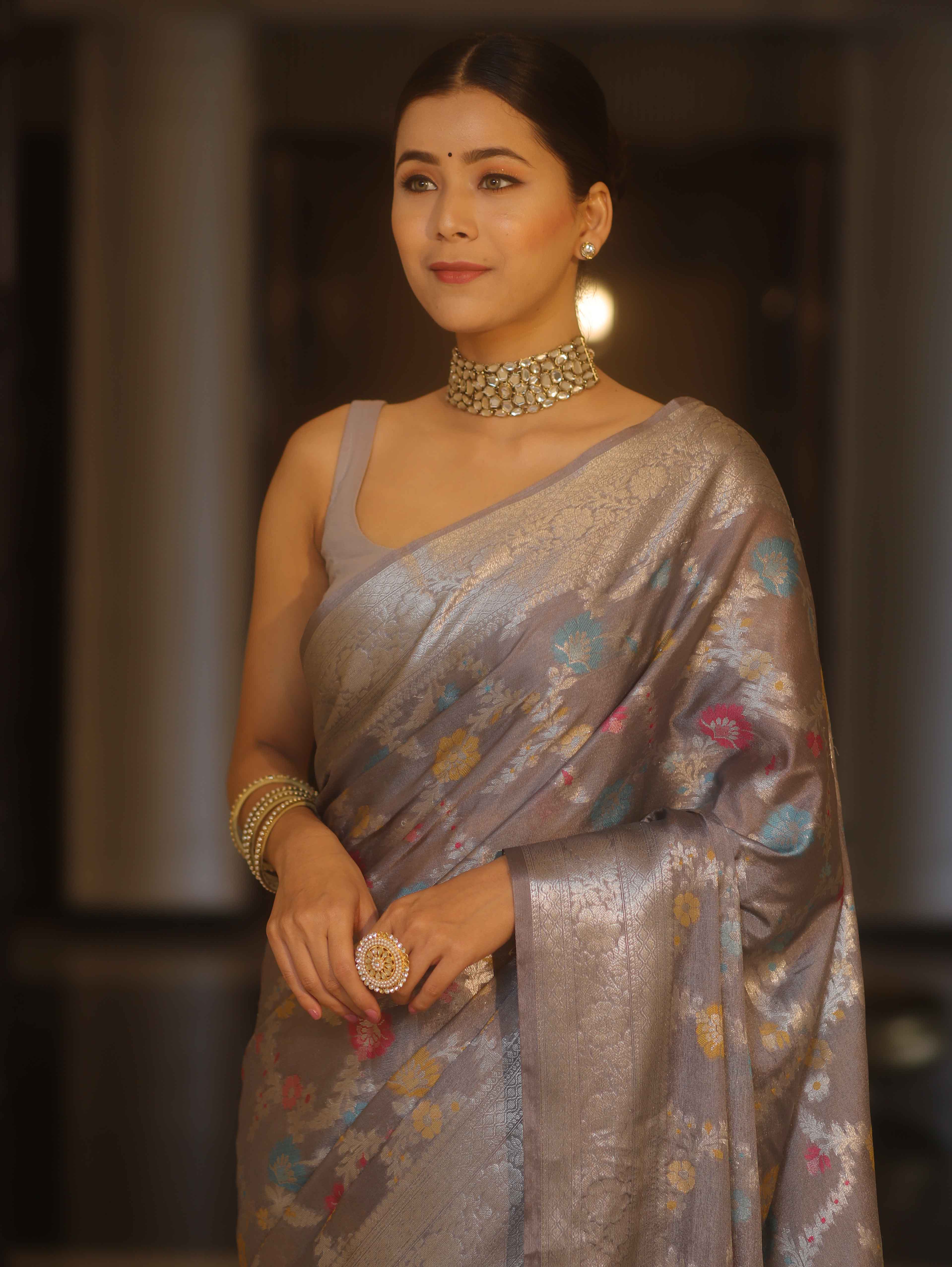 Banarasee Handwoven Semi Silk Saree With Silver Zari & Resham Jaal Design-Grey