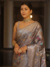 Banarasee Handwoven Semi Silk Saree With Silver Zari & Resham Jaal Design-Grey