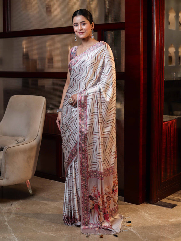Banarasee Handwoven Satin Zigzag Printed Saree-Beige