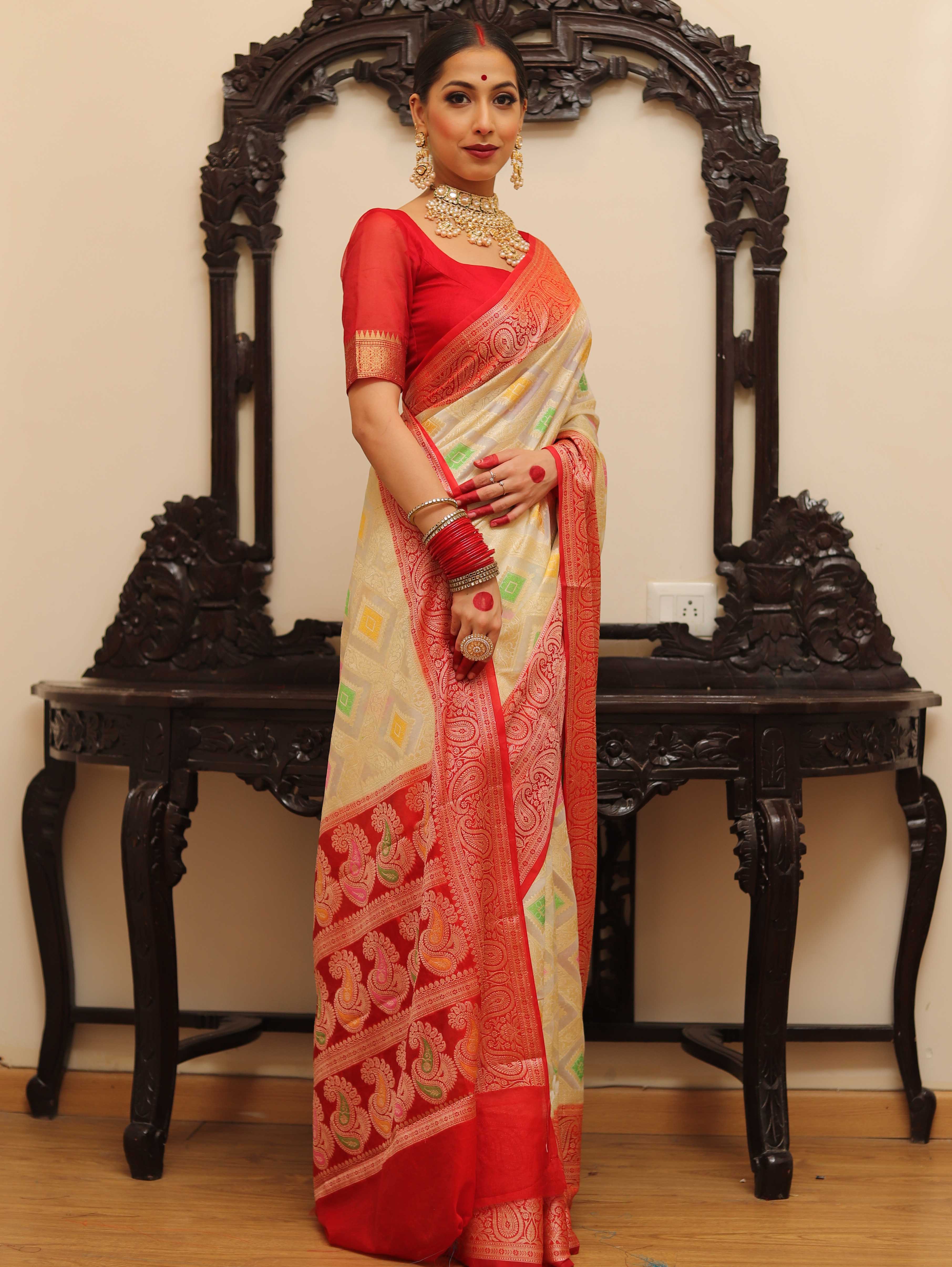 Banarasee Faux Georgette Saree With Gold Zari & Resham Jaal Work-White & Red