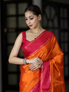 Banarasee Handloom Semi Silk Saree With Floral Buti Design & Contrast Border-Orange & Pink