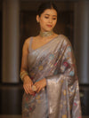 Banarasee Handwoven Semi Silk Saree With Silver Zari & Resham Jaal Design-Grey
