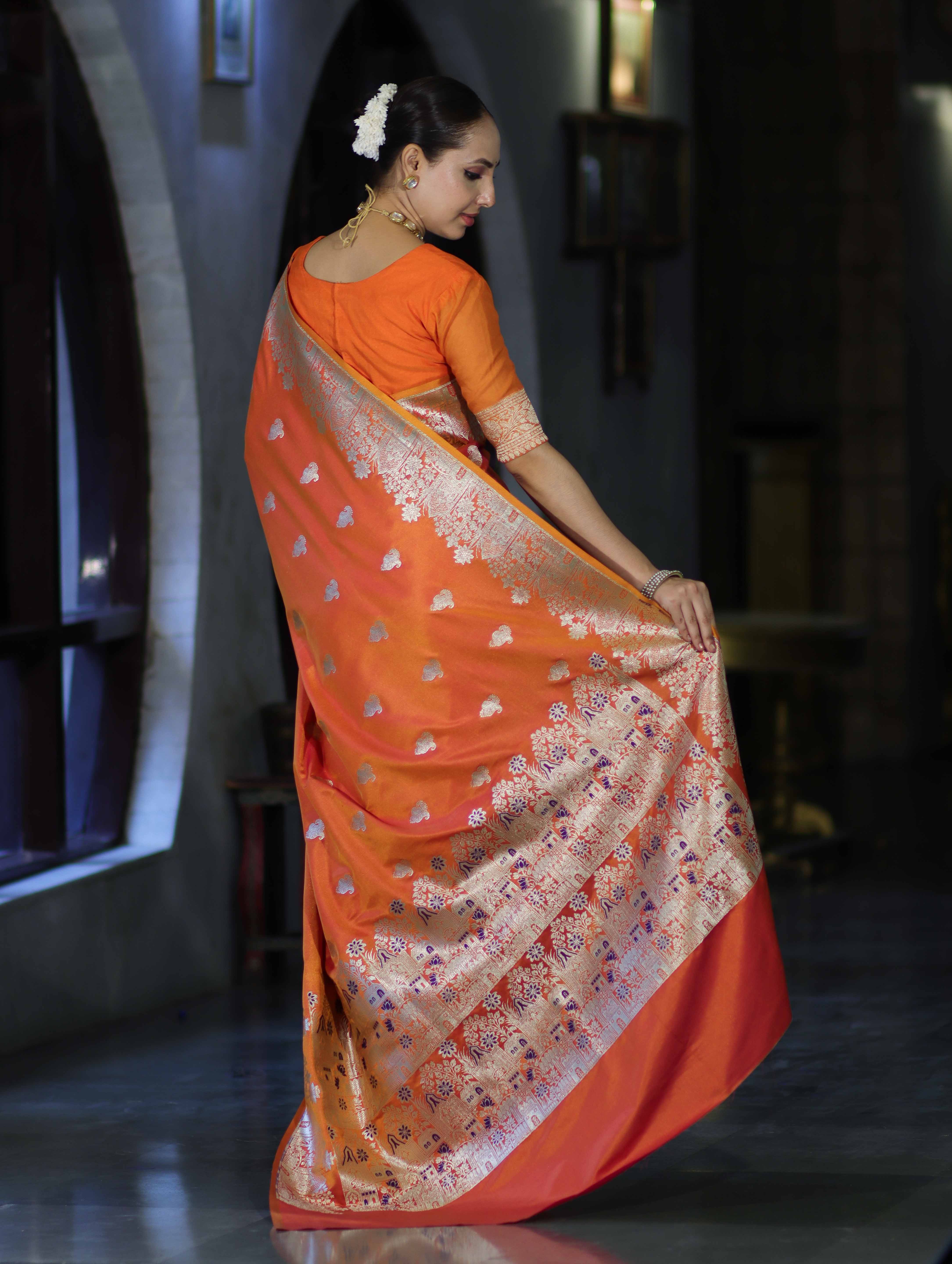Banarasee Handloom Semi Katan Saree With Zari Work & Meenadar Pallu-Orange (Dual Tone)