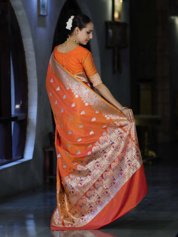 Banarasee Handloom Semi Katan Saree With Zari Work & Meenadar Pallu-Orange (Dual Tone)
