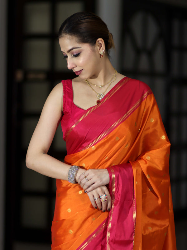Banarasee Handloom Semi Silk Saree With Floral Buti Design & Contrast Border-Orange & Pink