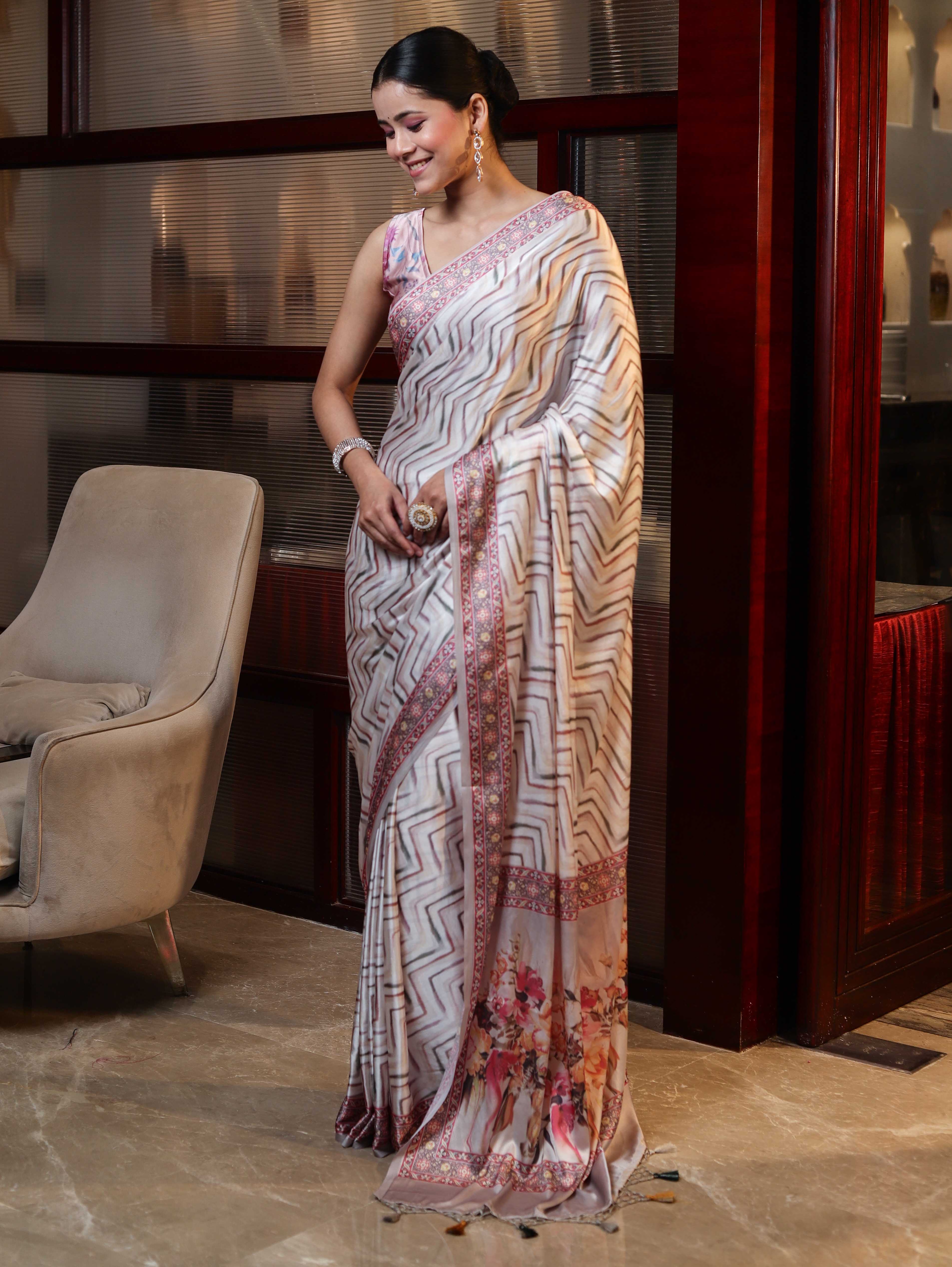 Banarasee Handwoven Satin Zigzag Printed Saree-Beige