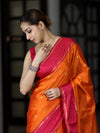 Banarasee Handloom Semi Silk Saree With Floral Buti Design & Contrast Border-Orange & Pink