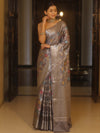 Banarasee Handwoven Semi Silk Saree With Silver Zari & Resham Jaal Design-Grey
