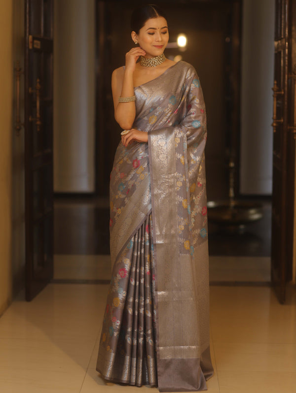 Banarasee Handwoven Semi Silk Saree With Silver Zari & Resham Jaal Design-Grey
