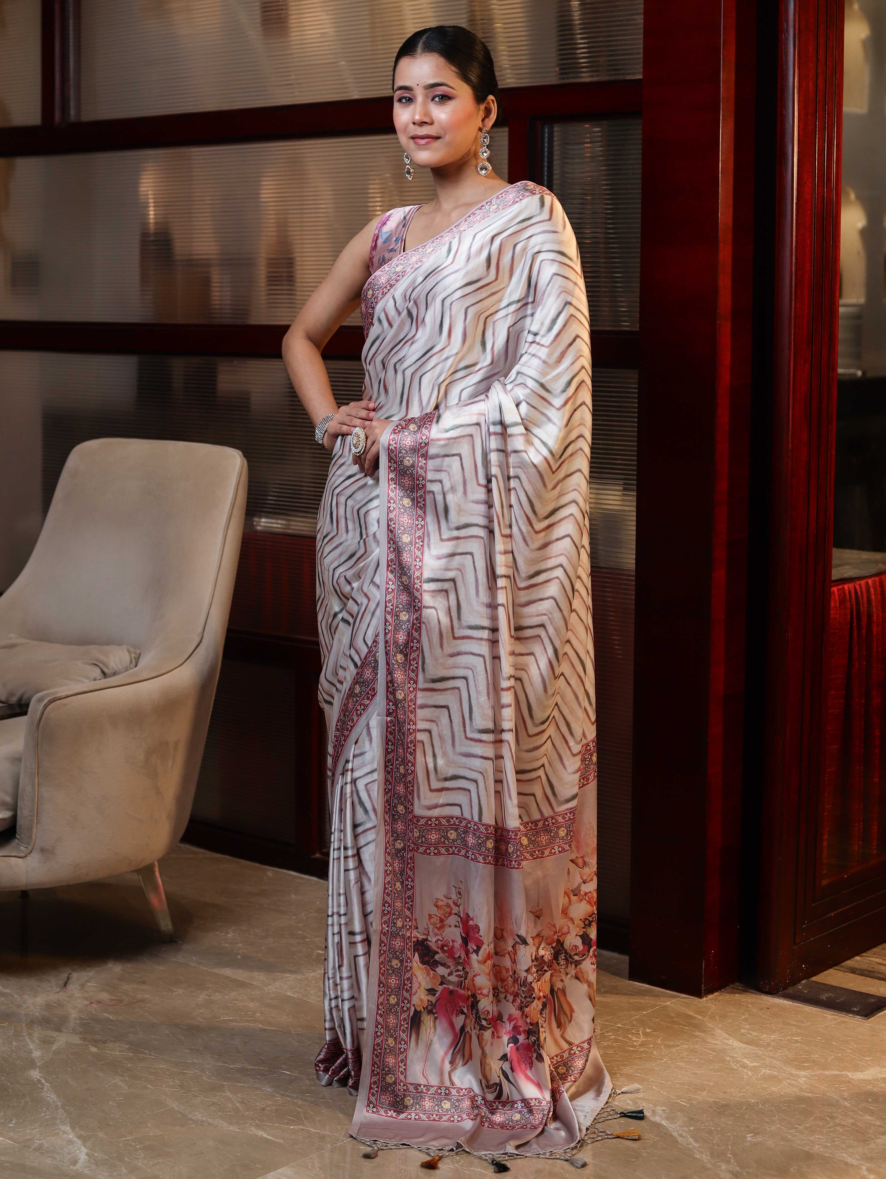 Banarasee Handwoven Satin Zigzag Printed Saree-Beige