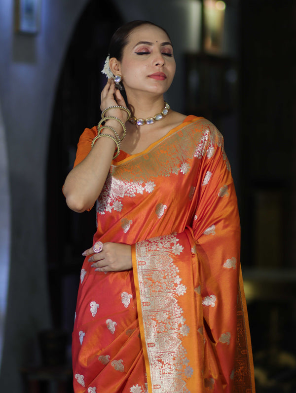 Banarasee Handloom Semi Katan Saree With Zari Work & Meenadar Pallu-Orange (Dual Tone)