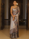 Banarasee Handwoven Semi Silk Saree With Silver Zari & Resham Jaal Design-Grey