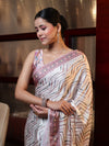 Banarasee Handwoven Satin Zigzag Printed Saree-Beige