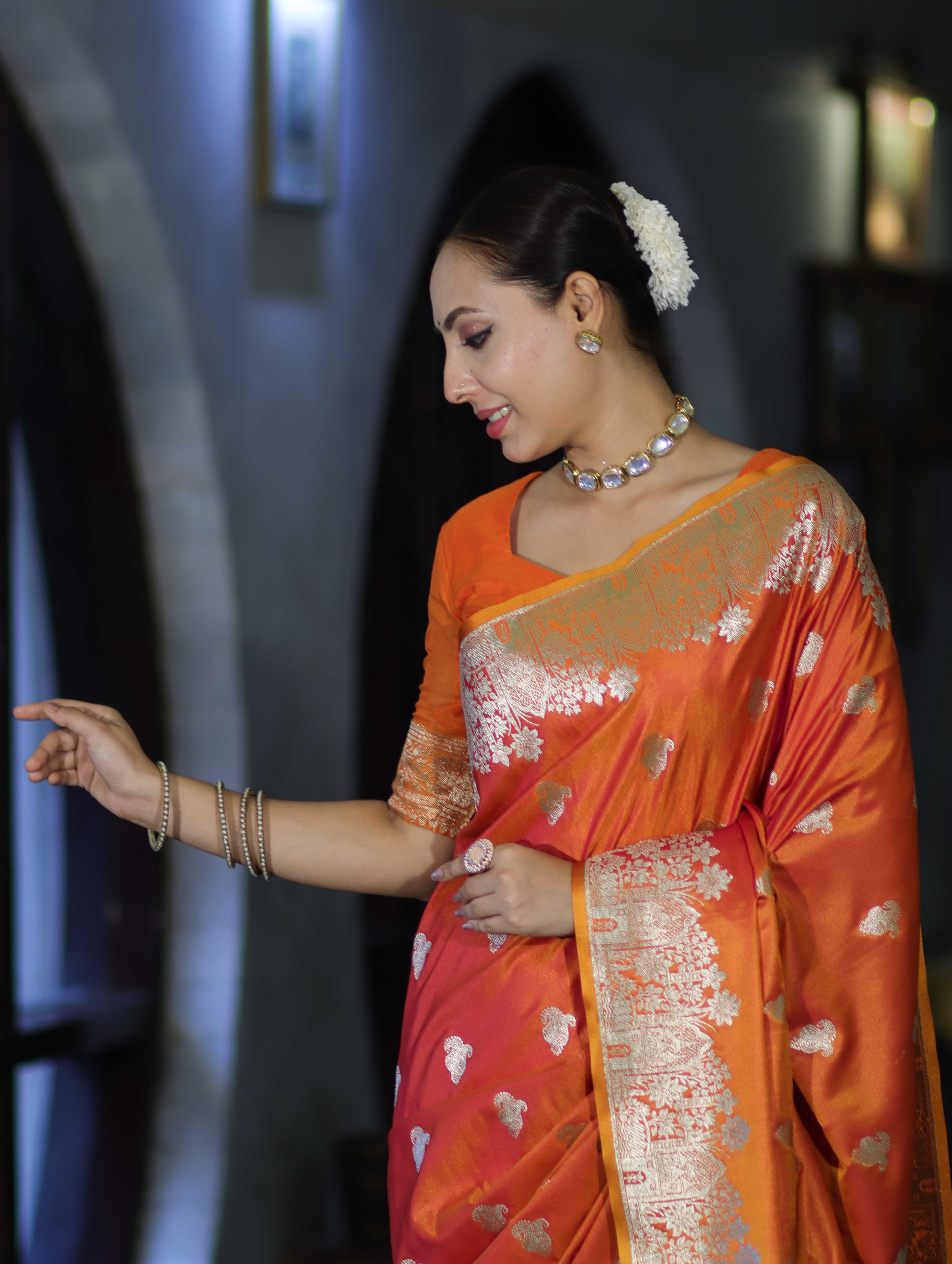 Banarasee Handloom Semi Katan Saree With Zari Work & Meenadar Pallu-Orange (Dual Tone)