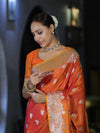 Banarasee Handloom Semi Katan Saree With Zari Work & Meenadar Pallu-Orange (Dual Tone)