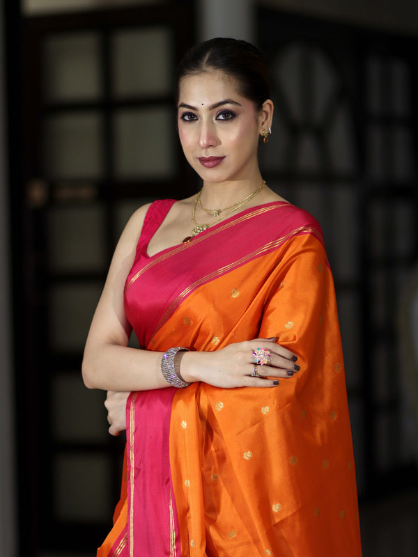Banarasee Handloom Semi Silk Saree With Floral Buti Design & Contrast Border-Orange & Pink
