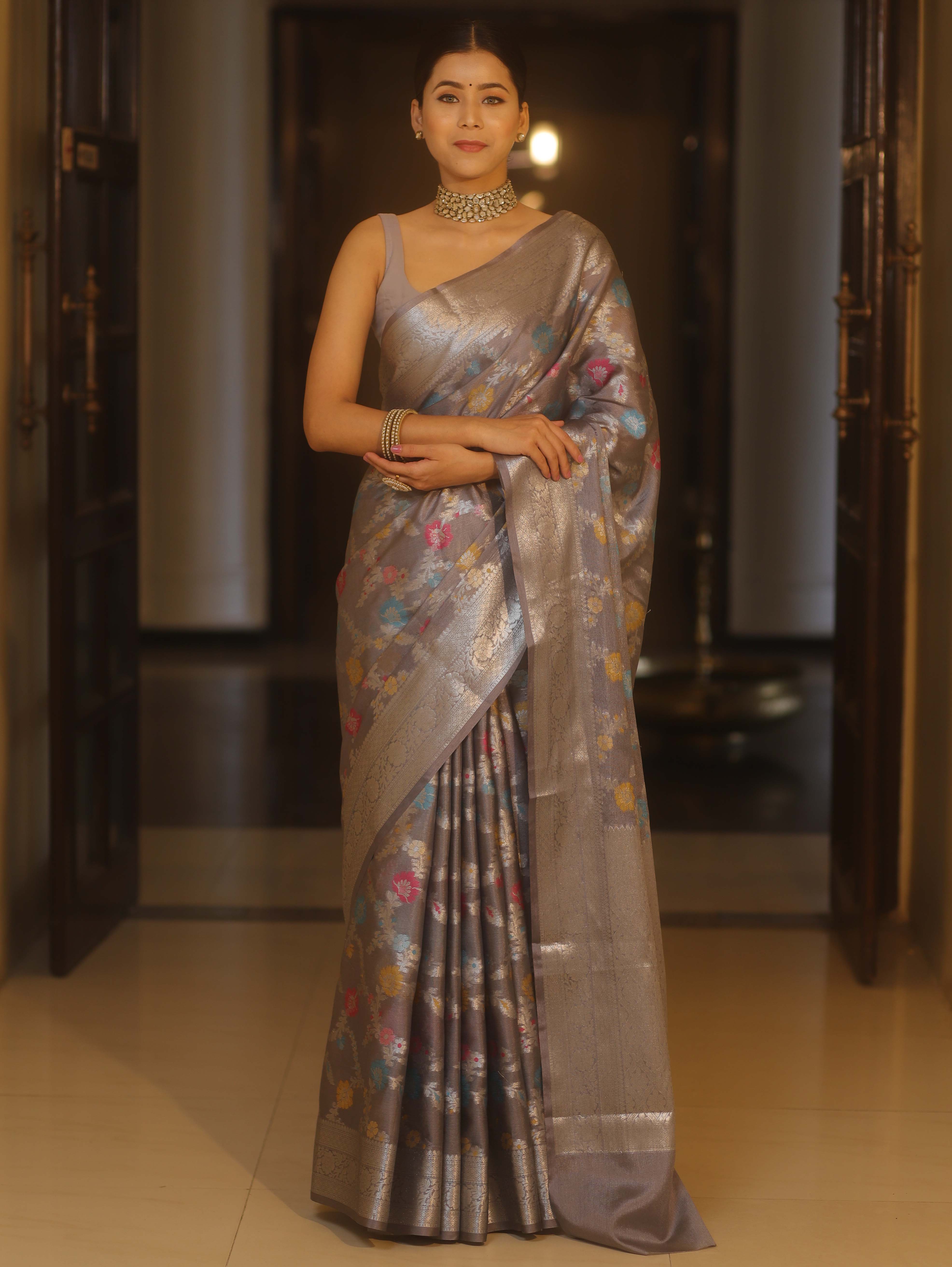 Banarasee Handwoven Semi Silk Saree With Silver Zari & Resham Jaal Design-Grey