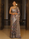 Banarasee Handwoven Semi Silk Saree With Silver Zari & Resham Jaal Design-Grey