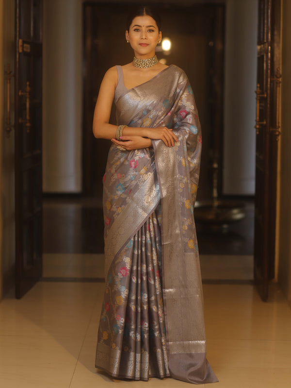 Banarasee Handwoven Semi Silk Saree With Silver Zari & Resham Jaal Design-Grey