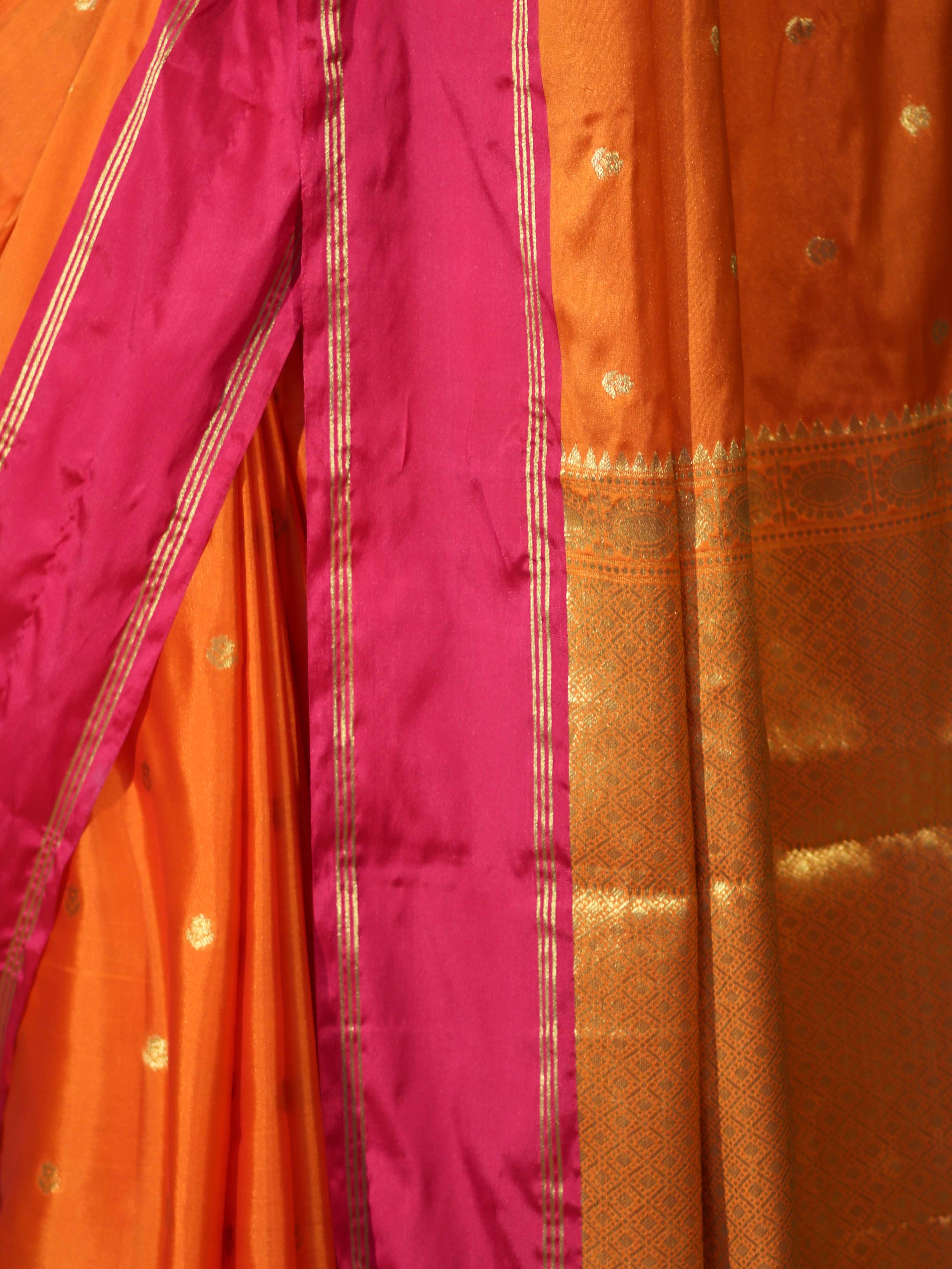 Banarasee Handloom Semi Silk Saree With Floral Buti Design & Contrast Border-Orange & Pink