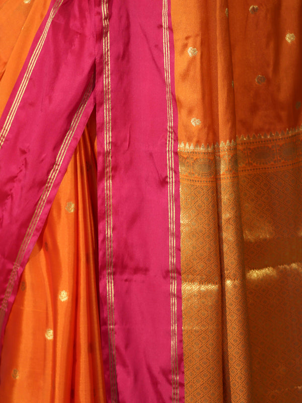Banarasee Handloom Semi Silk Saree With Floral Buti Design & Contrast Border-Orange & Pink