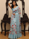 Banarasee Handloom Chanderi Digital Print Saree With Silver Zari Design-Blue