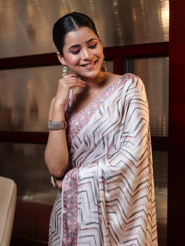 Banarasee Handwoven Satin Zigzag Printed Saree-Beige