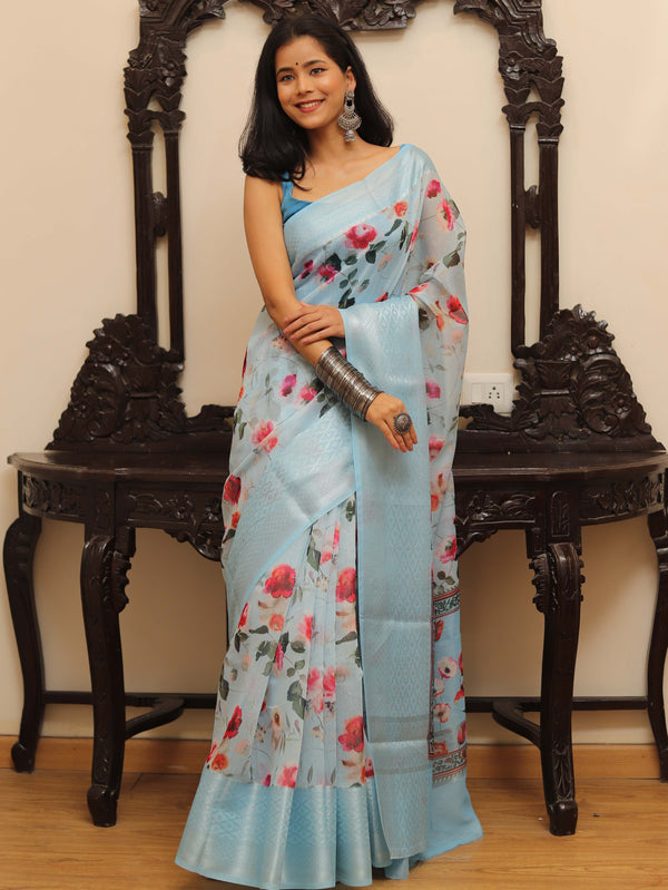 Banarasee Handloom Chanderi Digital Print Saree With Silver Zari Design-Blue