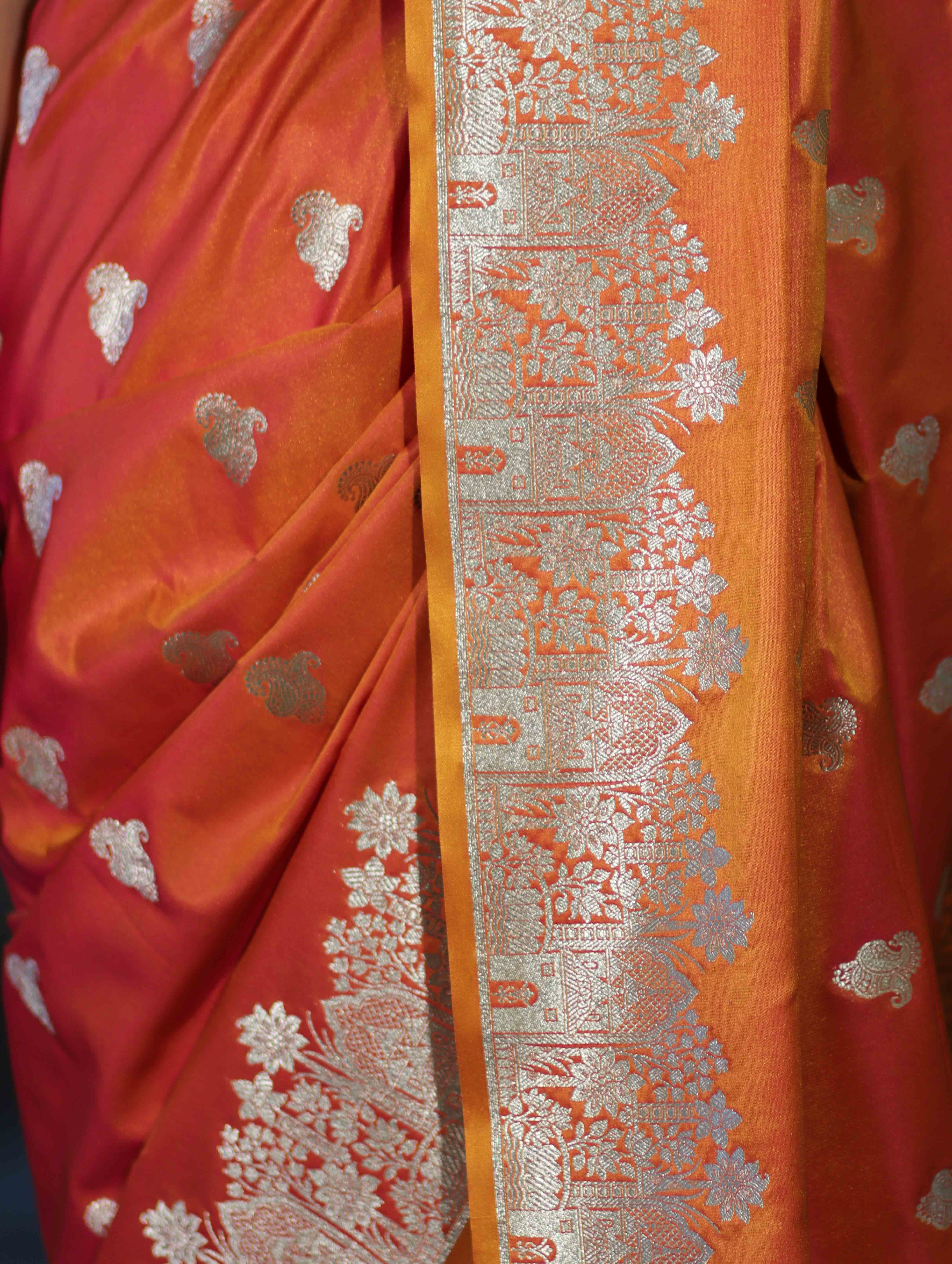 Banarasee Handloom Semi Katan Saree With Zari Work & Meenadar Pallu-Orange (Dual Tone)