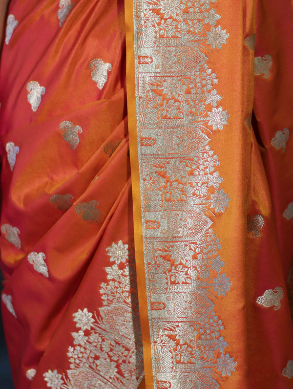 Banarasee Handloom Semi Katan Saree With Zari Work & Meenadar Pallu-Orange (Dual Tone)