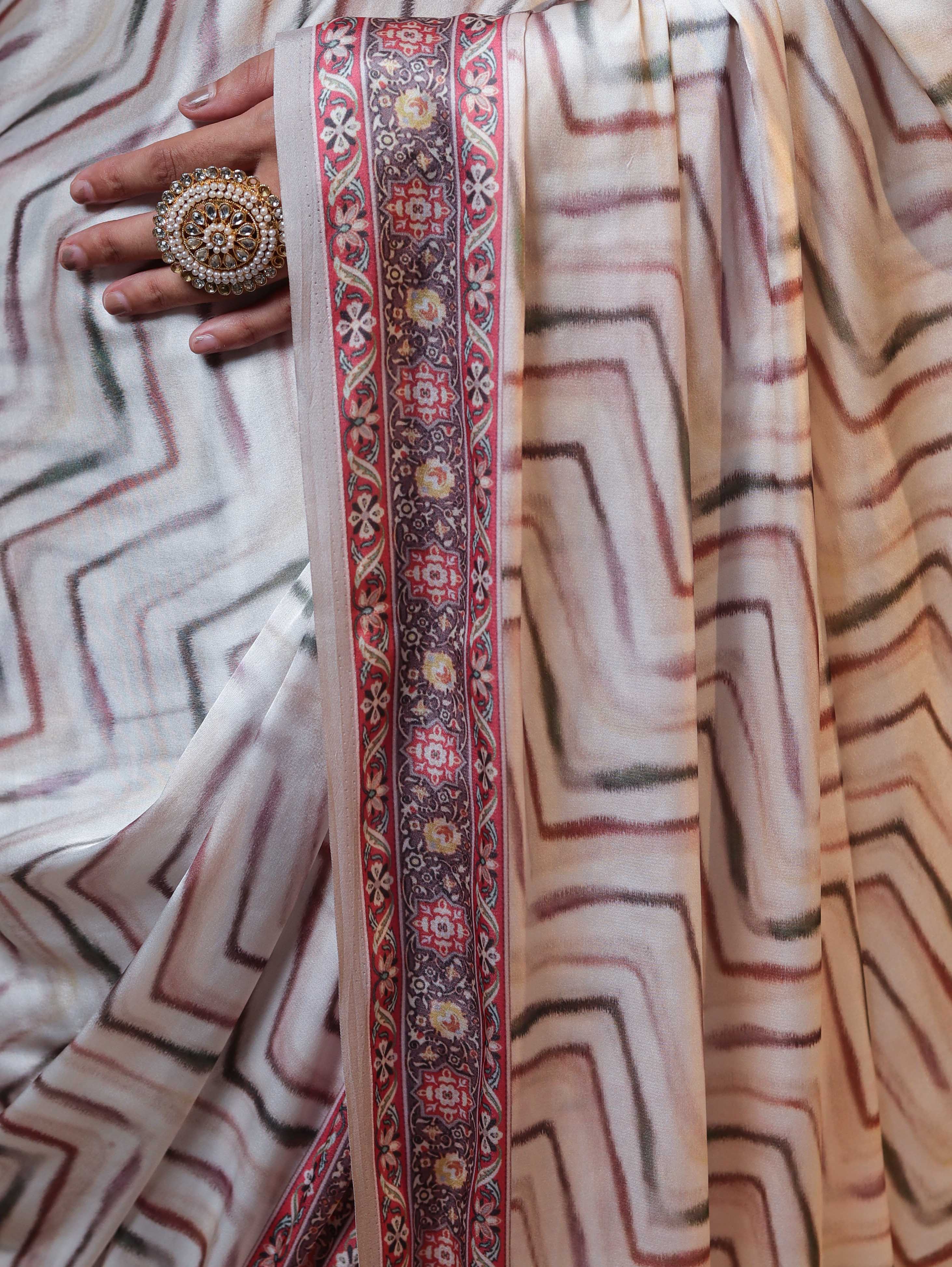 Banarasee Handwoven Satin Zigzag Printed Saree-Beige